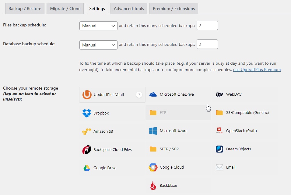 Backup settings