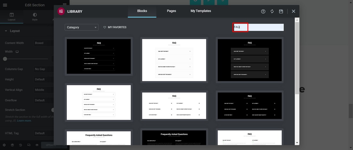 Search for FAQ in the block section