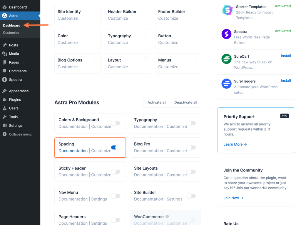 Astra Dashboard